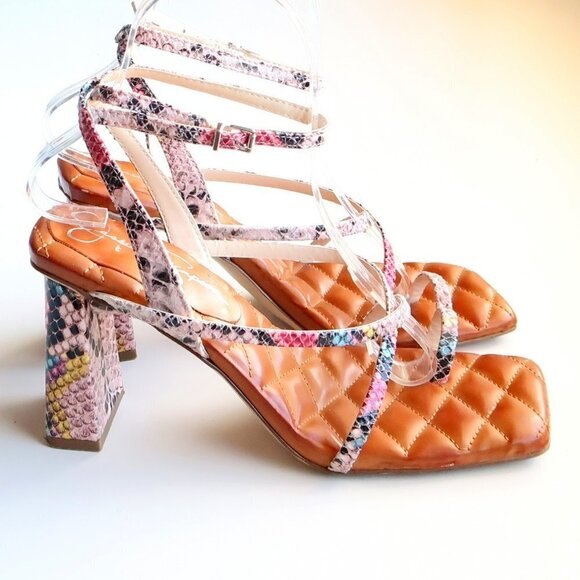 Jessica Simpson Snakeskin Toe Loop Square Toe Ankle Strap Block Heel Sandals - Picture 3 of 16